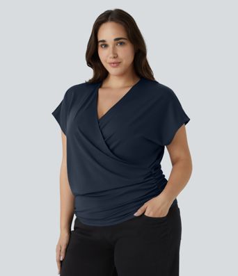 Blouse Travail Unie Froncée Croisée Manches Courtes Col en V Grande Taille