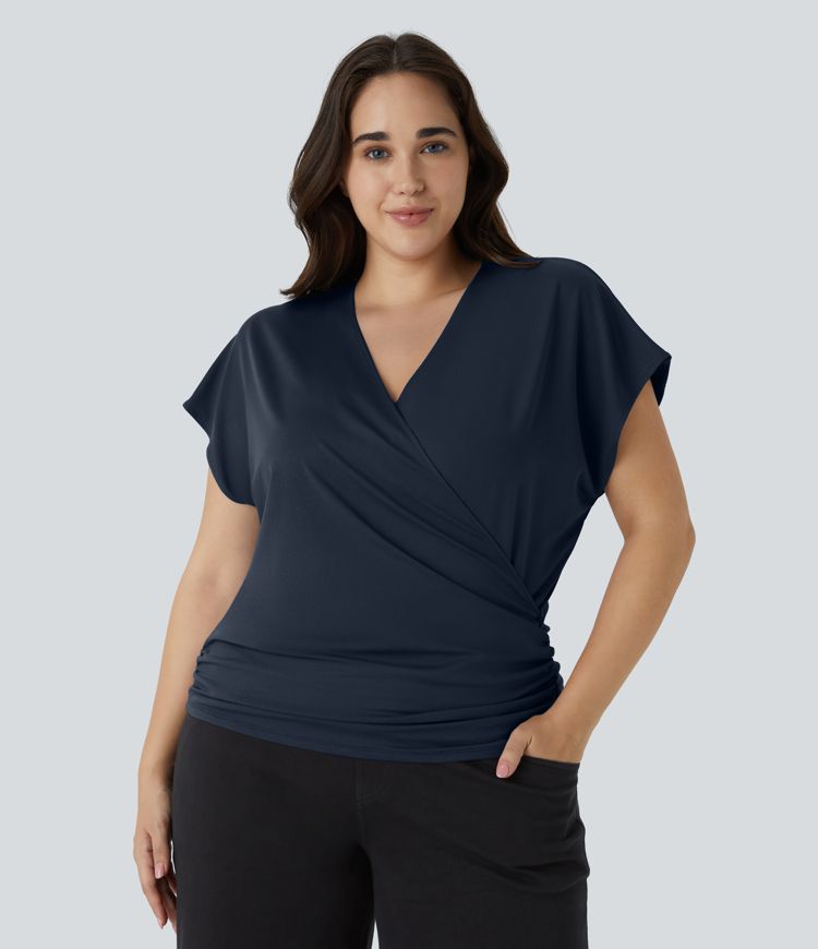 Blouse Travail Unie Froncée Croisée Manches Courtes Col en V Grande Taille