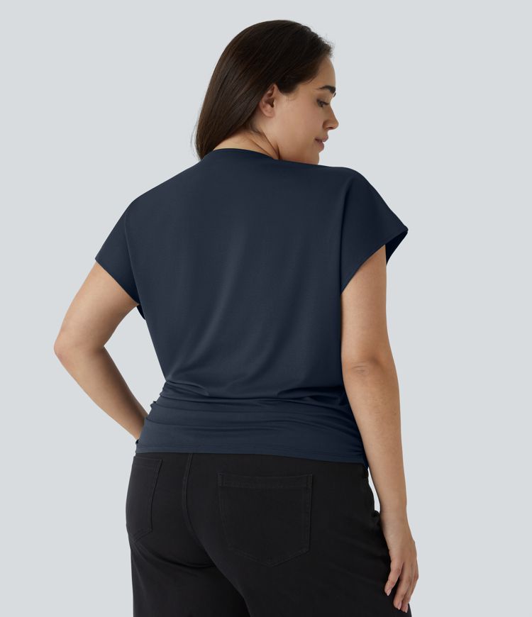 Blouse Travail Unie Froncée Croisée Manches Courtes Col en V Grande Taille