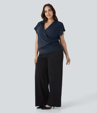 Blouse Travail Unie Froncée Croisée Manches Courtes Col en V Grande Taille