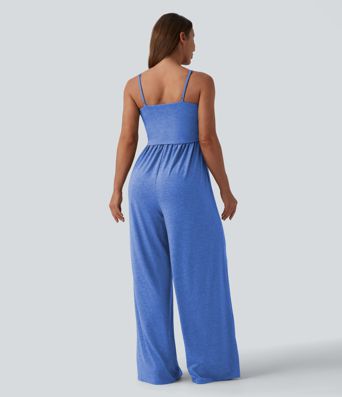 Adjustable Straps Ruched Wide Leg Heathered Casual Jumpsuit with Pockets-Easy Peezy