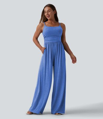 Adjustable Straps Ruched Wide Leg Heathered Casual Jumpsuit with Pockets-Easy Peezy