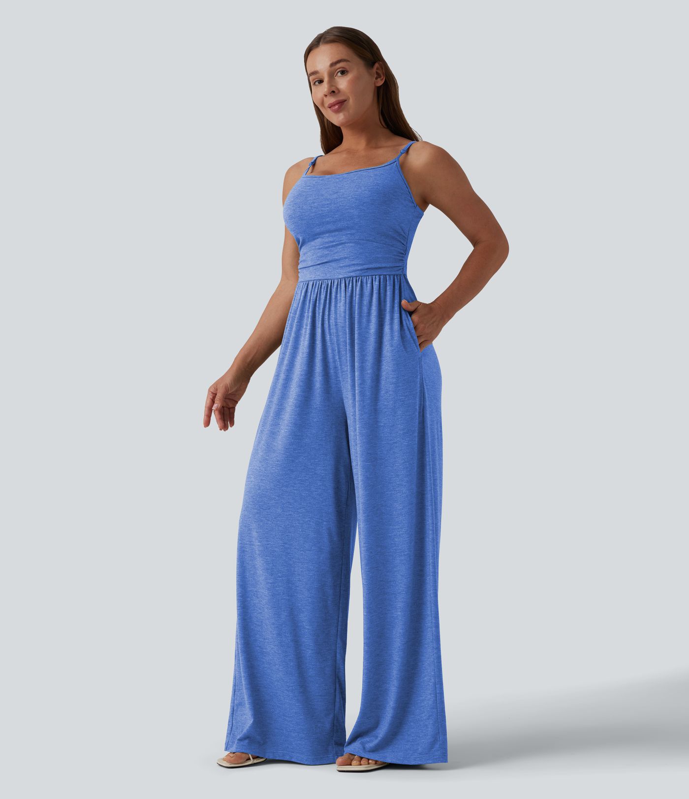 Adjustable Straps Ruched Wide Leg Heathered Casual Jumpsuit with Pockets-Easy Peezy