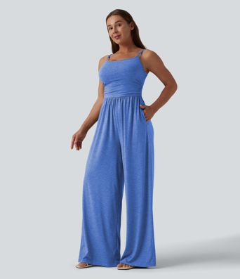 Adjustable Straps Ruched Wide Leg Heathered Casual Jumpsuit with Pockets-Easy Peezy