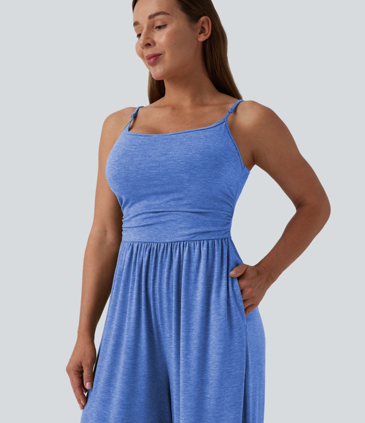 Adjustable Straps Ruched Wide Leg Heathered Casual Jumpsuit with Pockets-Easy Peezy