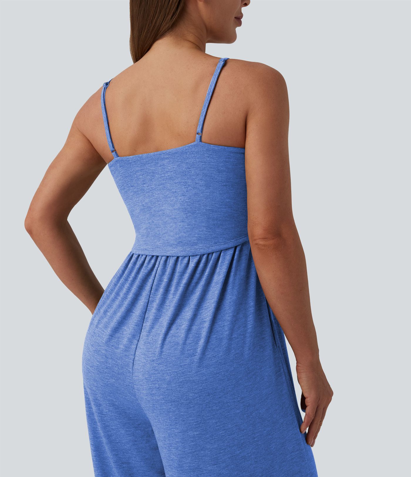 Adjustable Straps Ruched Wide Leg Heathered Casual Jumpsuit with Pockets-Easy Peezy