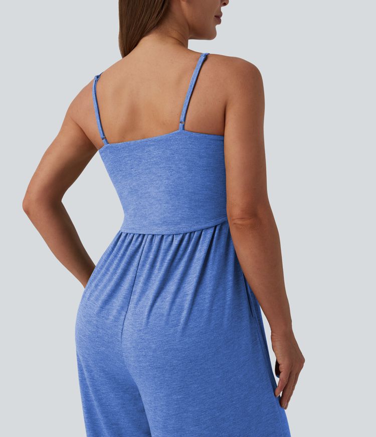 Adjustable Straps Ruched Wide Leg Heathered Casual Jumpsuit with Pockets-Easy Peezy