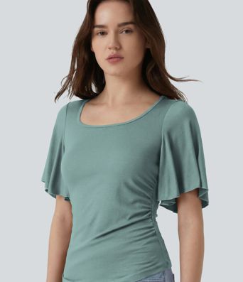 Ribbed Square Neck Butterfly Sleeve Ruched Casual T-Shirt
