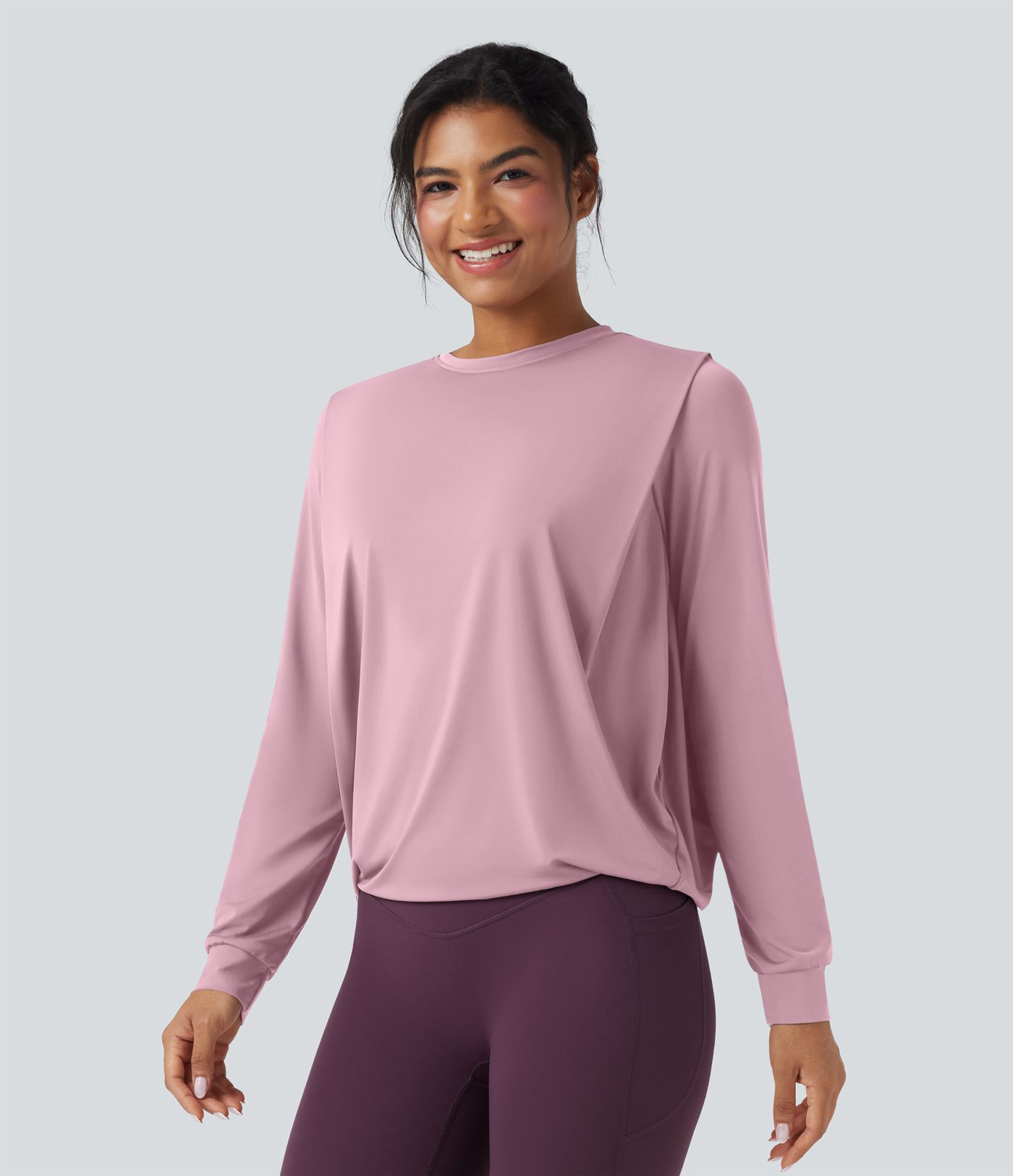 Round Neck Long Sleeve Ruched Yoga Sports Top-UPF50+