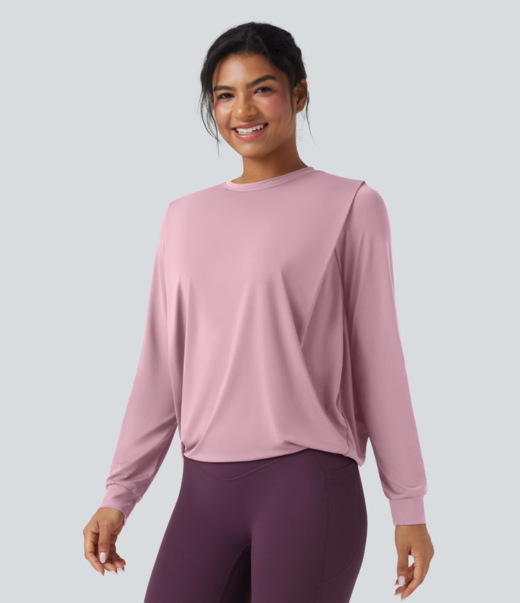 Round Neck Long Sleeve Ruched Yoga Sports Top-UPF50+