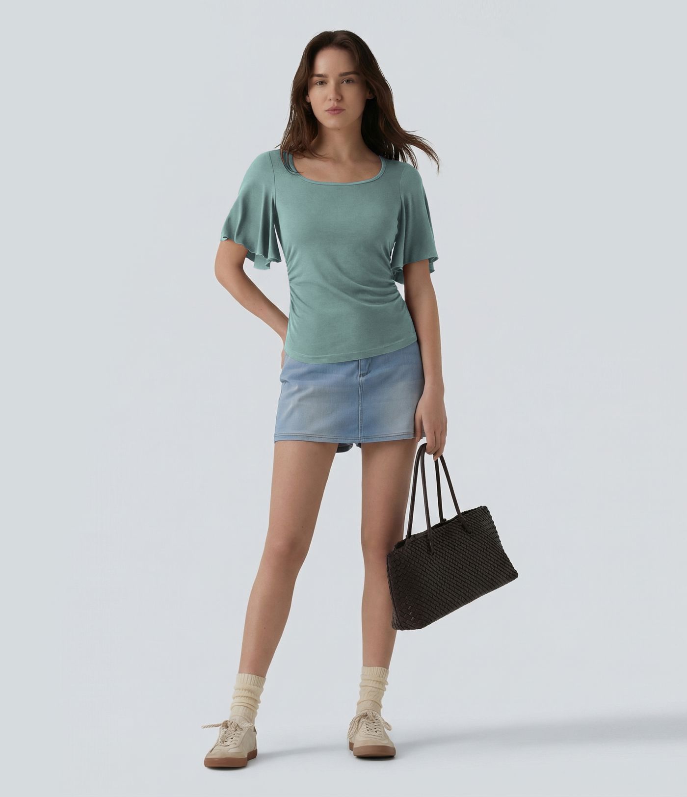 Ribbed Square Neck Butterfly Sleeve Ruched Casual T-Shirt
