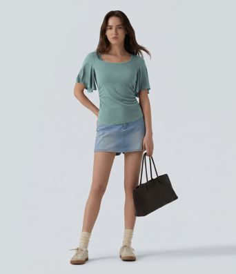 Ribbed Square Neck Butterfly Sleeve Ruched Casual T-Shirt