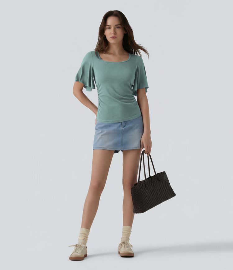 Ribbed Square Neck Butterfly Sleeve Ruched Casual T-Shirt