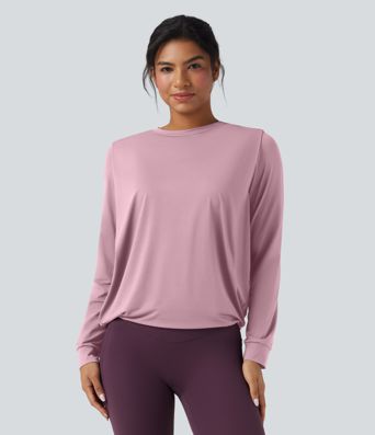 Round Neck Long Sleeve Ruched Yoga Sports Top-UPF50+