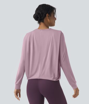 Round Neck Long Sleeve Ruched Yoga Sports Top-UPF50+