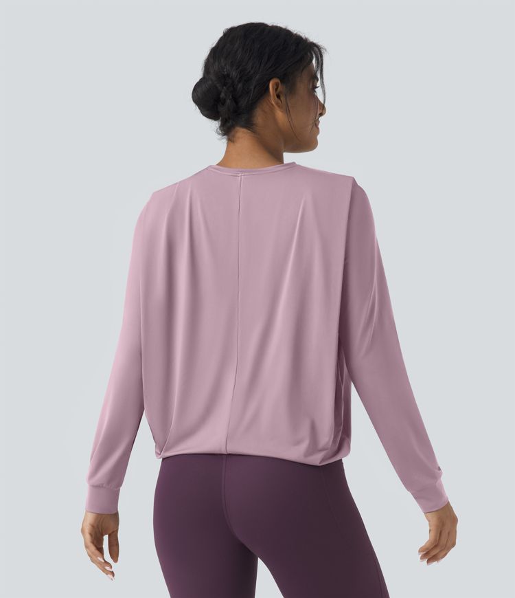 Round Neck Long Sleeve Ruched Yoga Sports Top-UPF50+