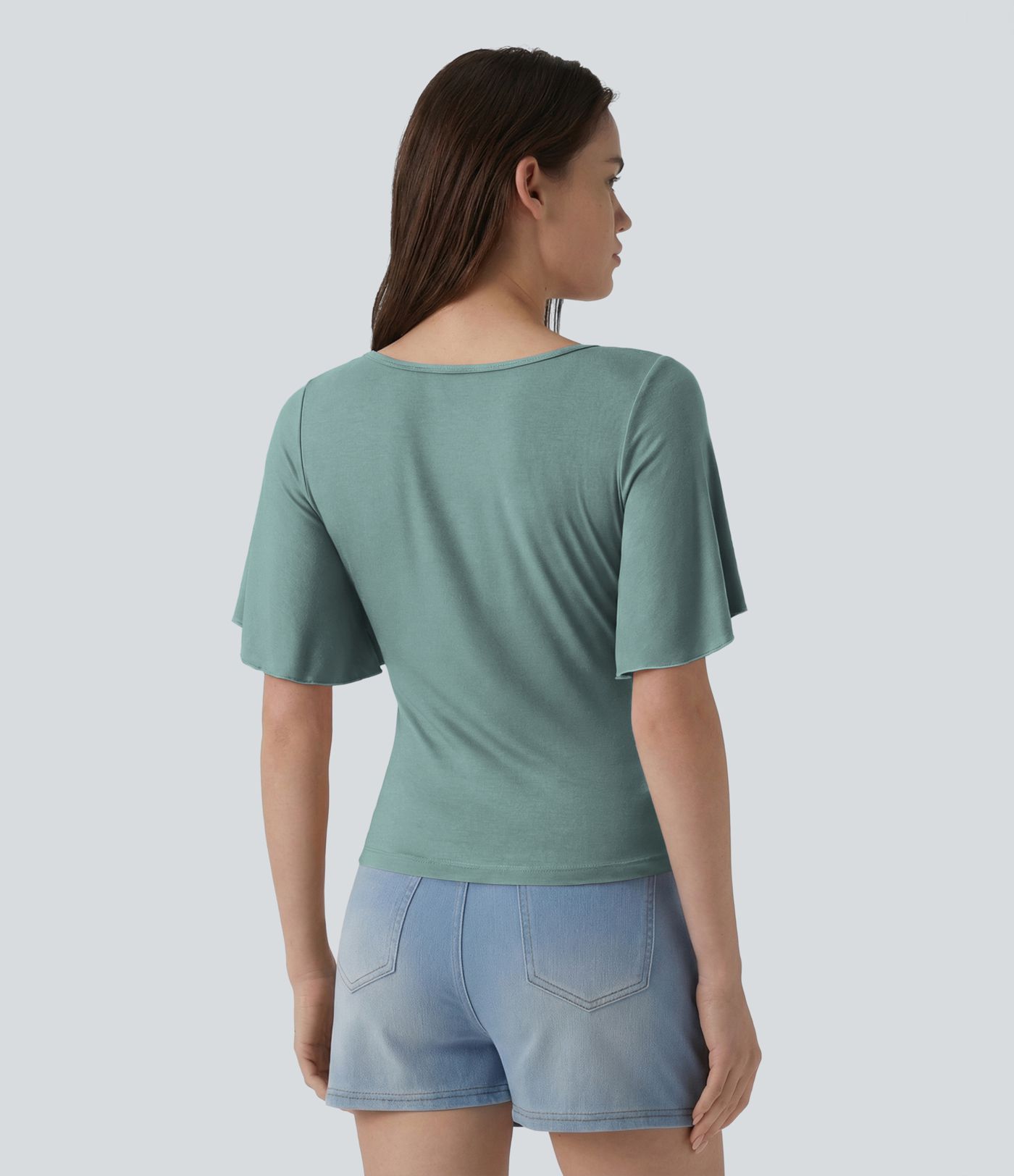 Ribbed Square Neck Butterfly Sleeve Ruched Casual T-Shirt
