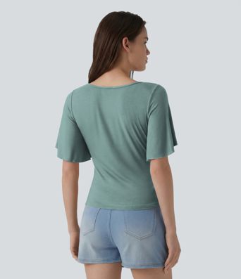 Ribbed Square Neck Butterfly Sleeve Ruched Casual T-Shirt