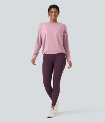 Round Neck Long Sleeve Ruched Yoga Sports Top-UPF50+