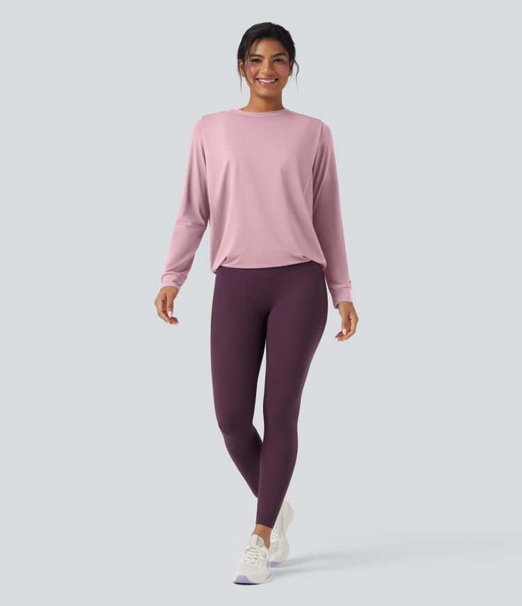 Round Neck Long Sleeve Ruched Yoga Sports Top-UPF50+