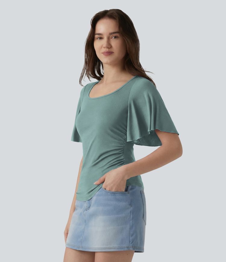 Ribbed Square Neck Butterfly Sleeve Ruched Casual T-Shirt