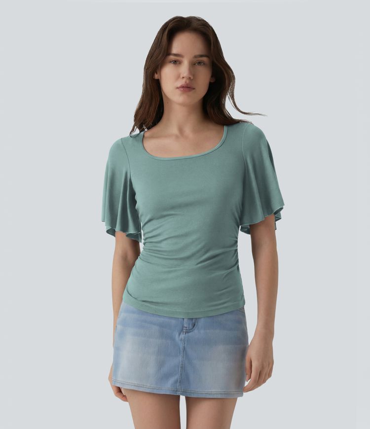 Ribbed Square Neck Butterfly Sleeve Ruched Casual T-Shirt