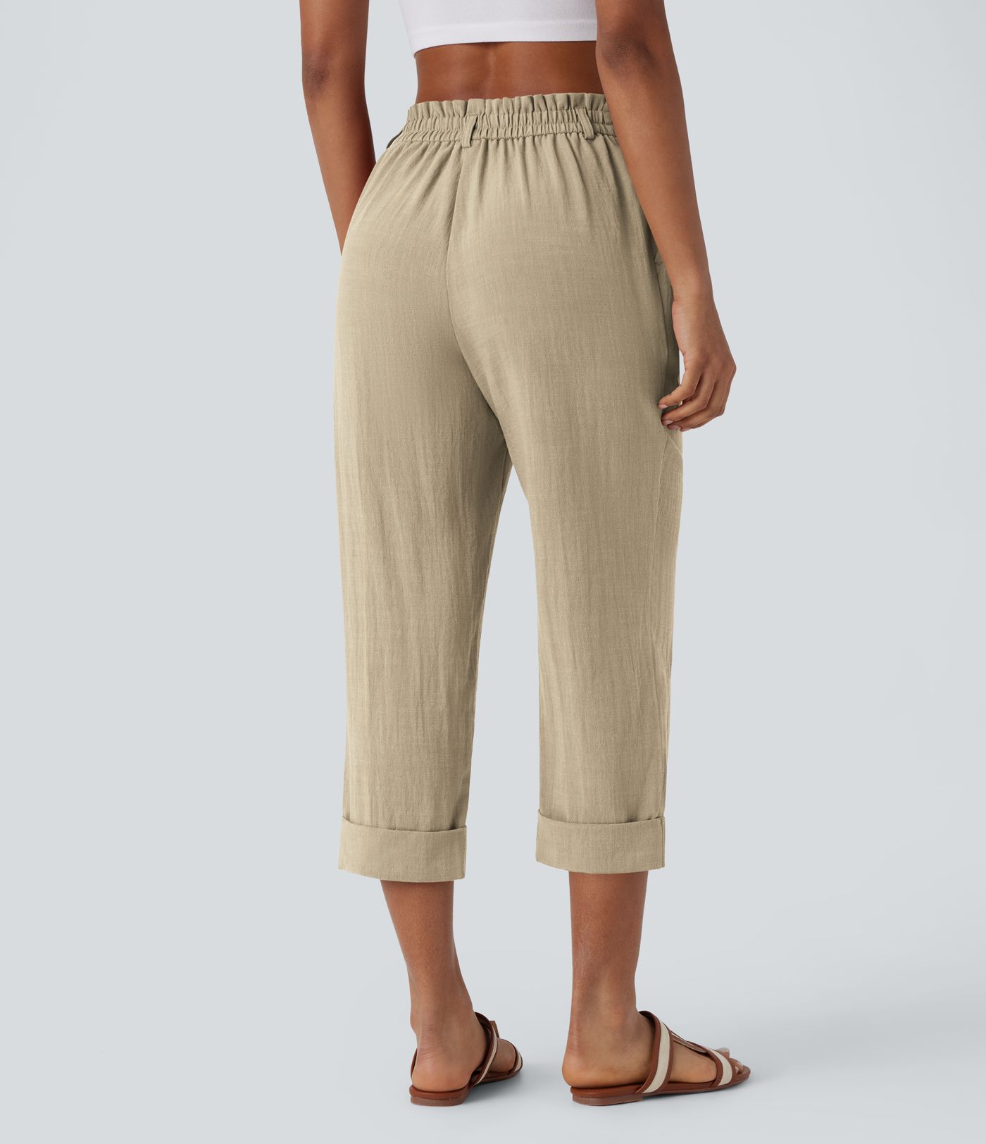 High Waisted Zipper Pocket Cropped Linen-Feel Pants