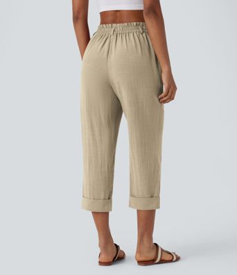 High Waisted Zipper Pocket Cropped Linen-Feel Pants