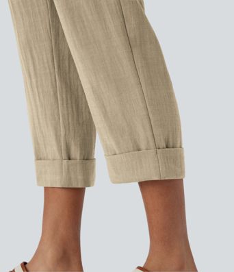 High Waisted Zipper Pocket Cropped Linen-Feel Pants