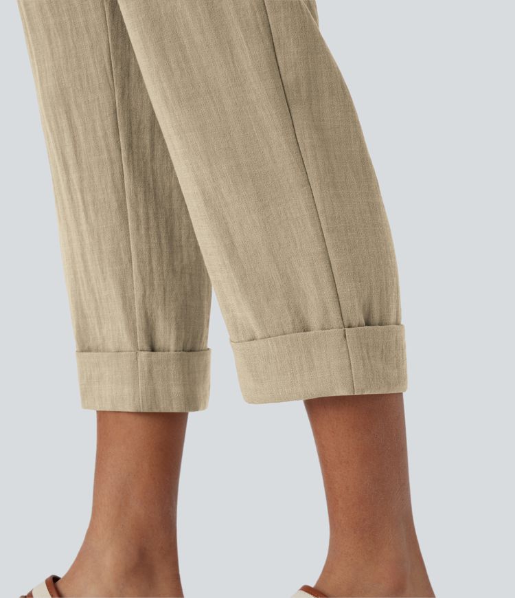 High Waisted Zipper Pocket Cropped Linen-Feel Pants