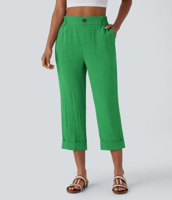 High Waisted Zipper Pocket Cropped Linen-Feel Pants