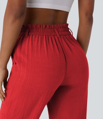 Pantalon capri effet lin taille haute avec poches zippées