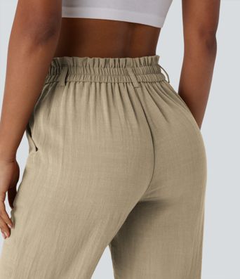 High Waisted Zipper Pocket Cropped Linen-Feel Pants