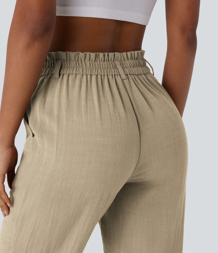 High Waisted Zipper Pocket Cropped Linen-Feel Pants