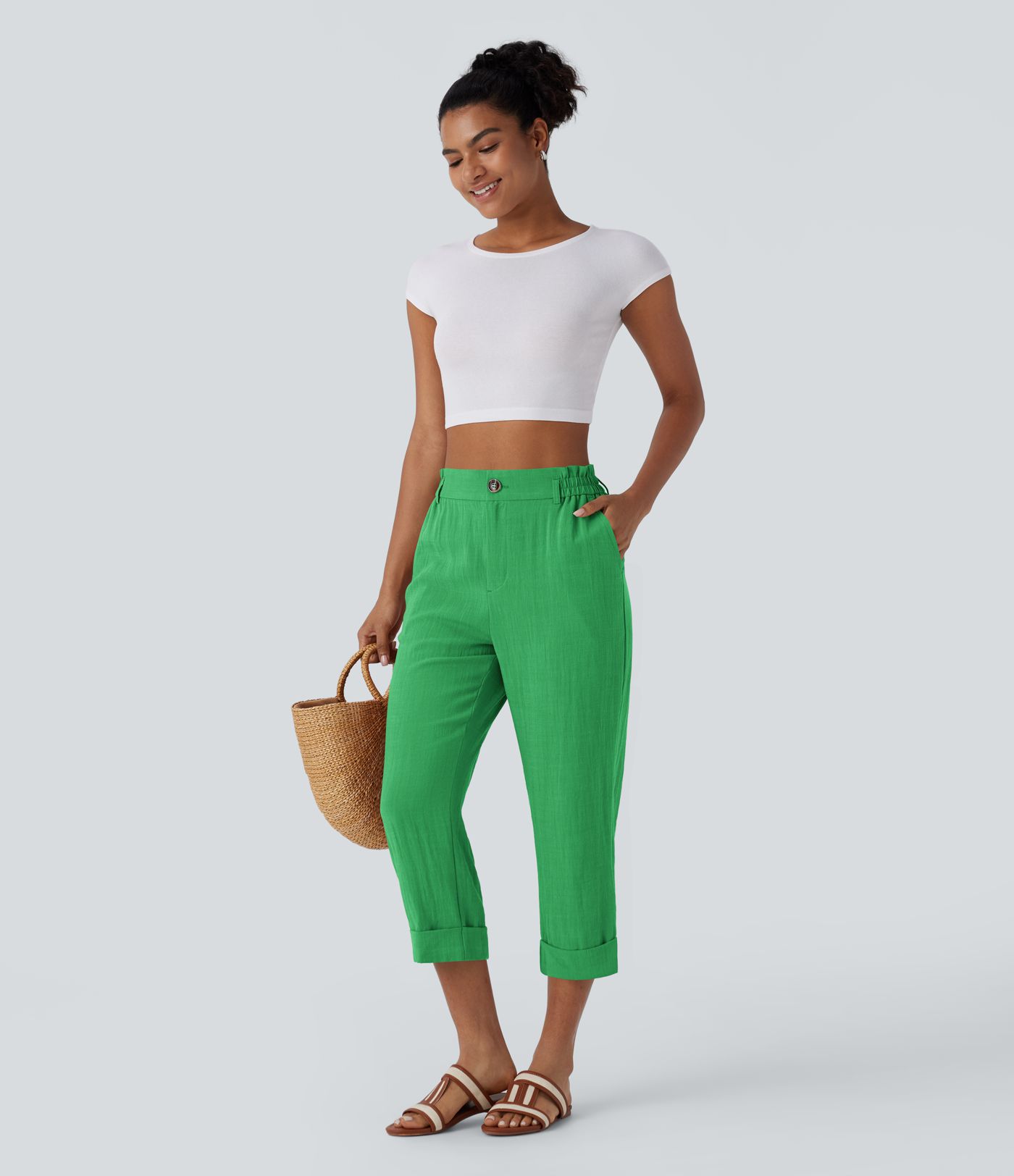 High Waisted Zipper Pocket Cropped Linen-Feel Pants