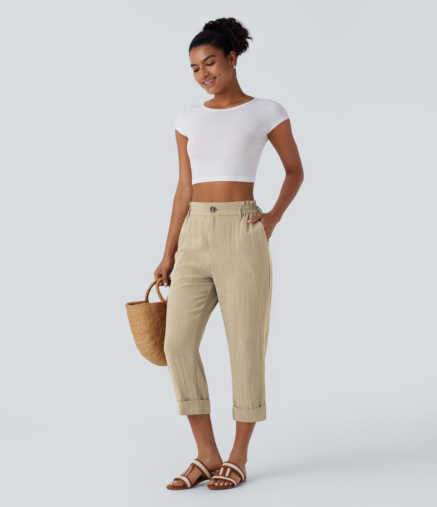 High Waisted Zipper Pocket Cropped Linen-Feel Pants