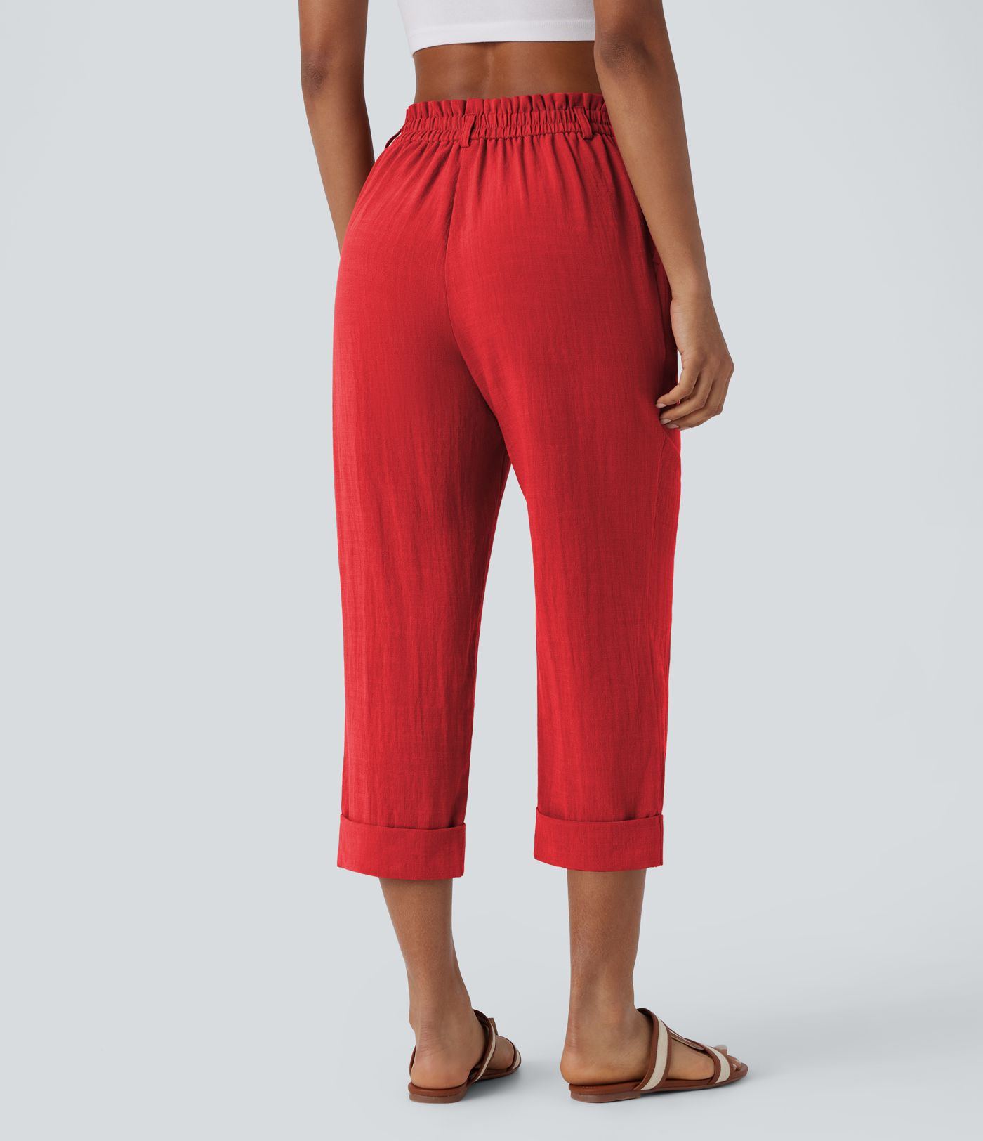 Pantalon capri effet lin taille haute avec poches zippées