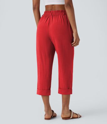 Pantalon capri effet lin taille haute avec poches zippées