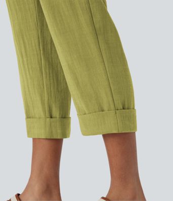 Hohe Taille Hose mit Reißverschlusstasche im Leinen-Look Capri-Stil