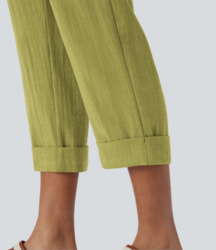 Hohe Taille Hose mit Reißverschlusstasche im Leinen-Look Capri-Stil