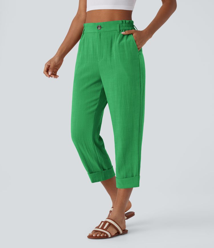 High Waisted Zipper Pocket Cropped Linen-Feel Pants
