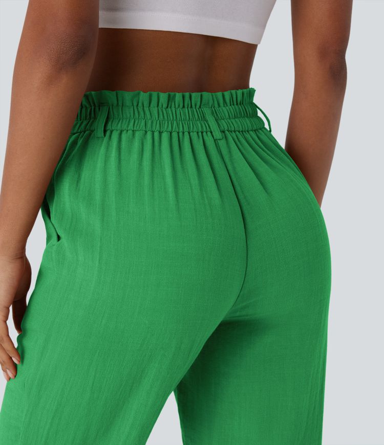 High Waisted Zipper Pocket Cropped Linen-Feel Pants