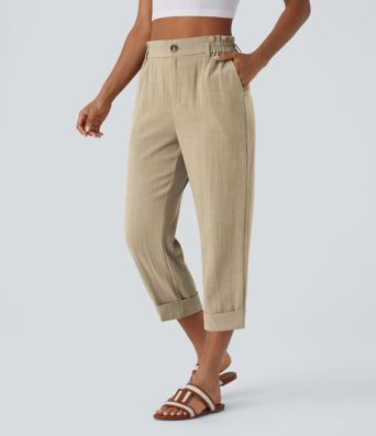 High Waisted Zipper Pocket Cropped Linen-Feel Pants