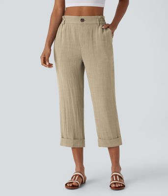 High Waisted Zipper Pocket Cropped Linen-Feel Pants
