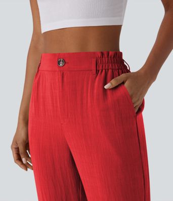 Pantalon capri effet lin taille haute avec poches zippées
