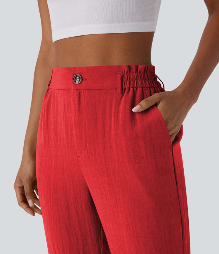 Pantalon capri effet lin taille haute avec poches zippées