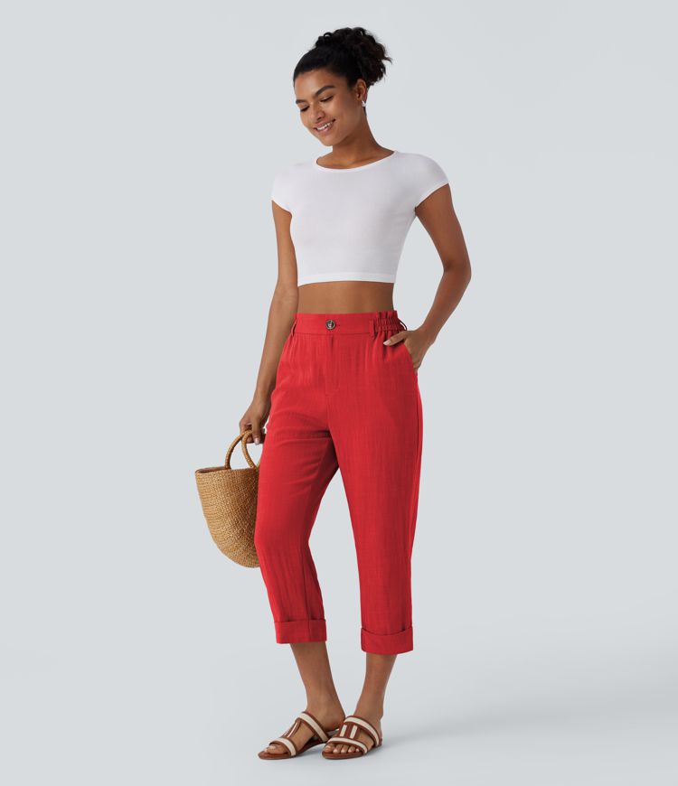 Pantalon capri effet lin taille haute avec poches zippées