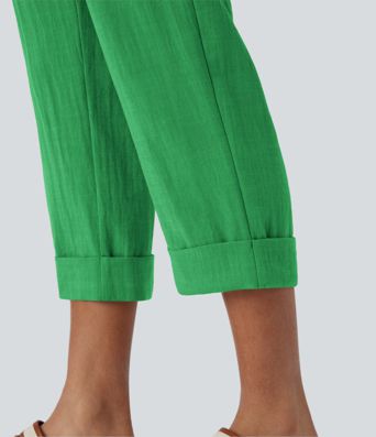 High Waisted Zipper Pocket Cropped Linen-Feel Pants