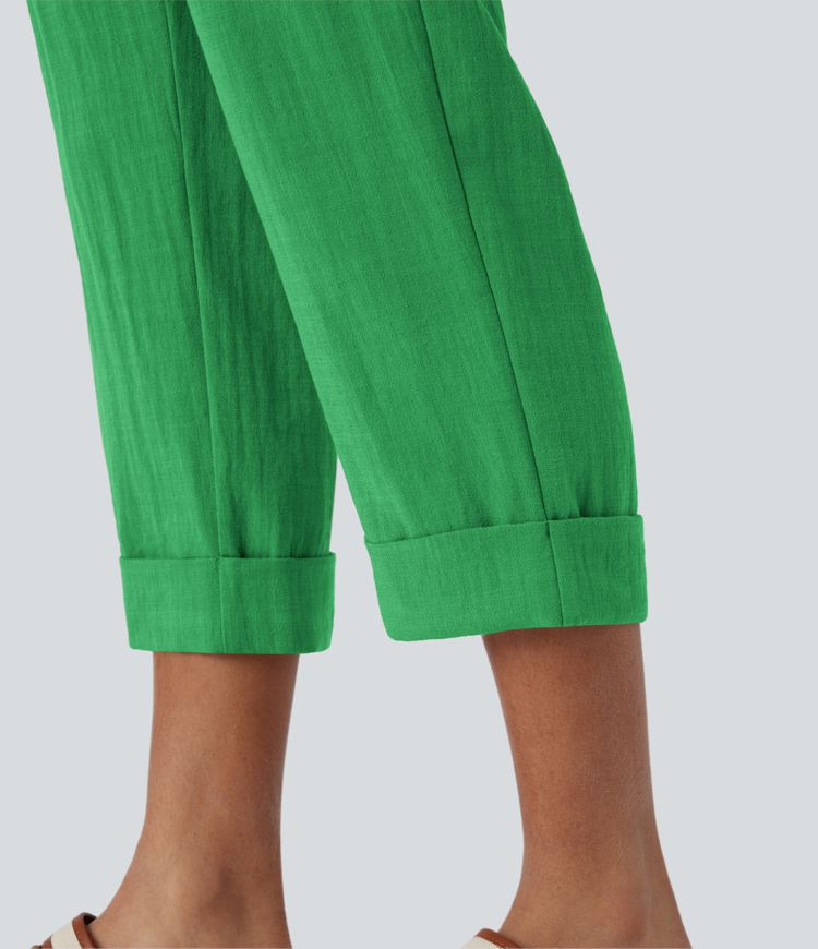 High Waisted Zipper Pocket Cropped Linen-Feel Pants