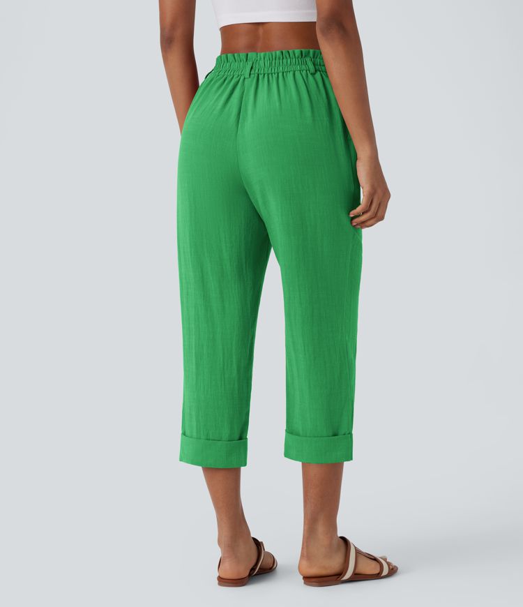 High Waisted Zipper Pocket Cropped Linen-Feel Pants